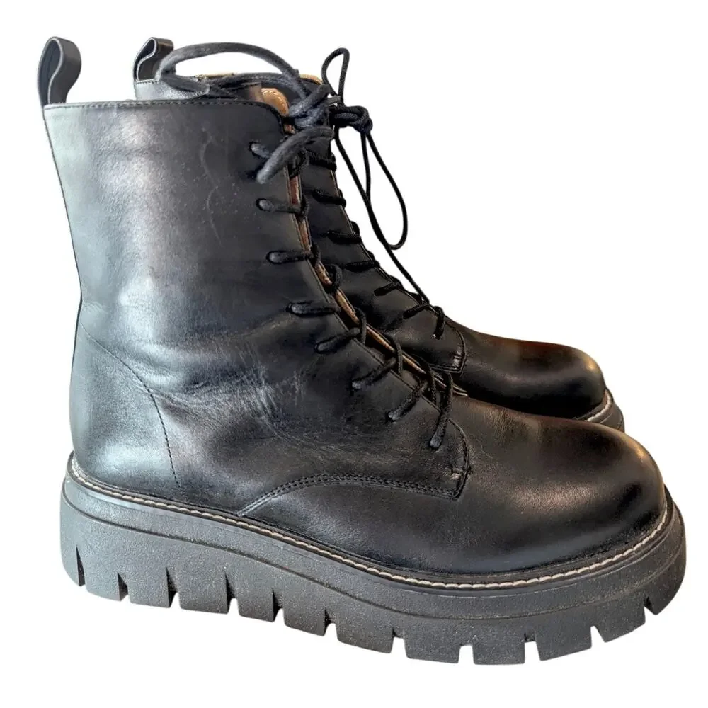J/Slides Black Leather Toby Combat Boots Side Zip Up 9M